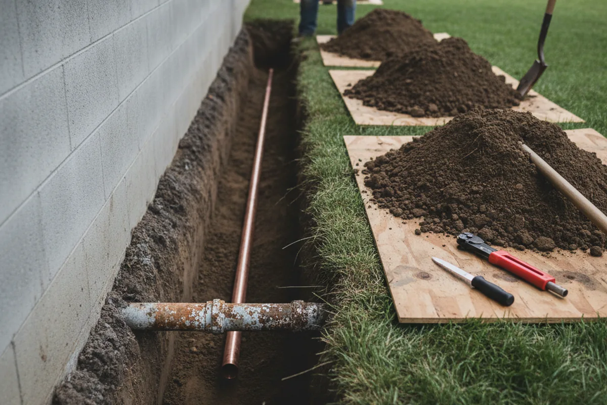 Excavated water line trench during Sewer Line Repair in Seville